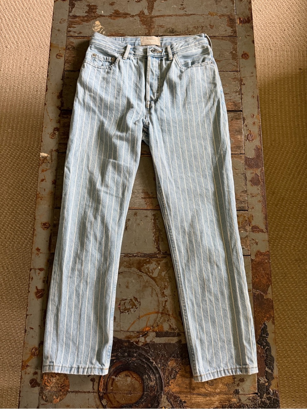 Everlane Cropped Light Blue Pinstripe Ankle Cheeky Straight Leg Jeans